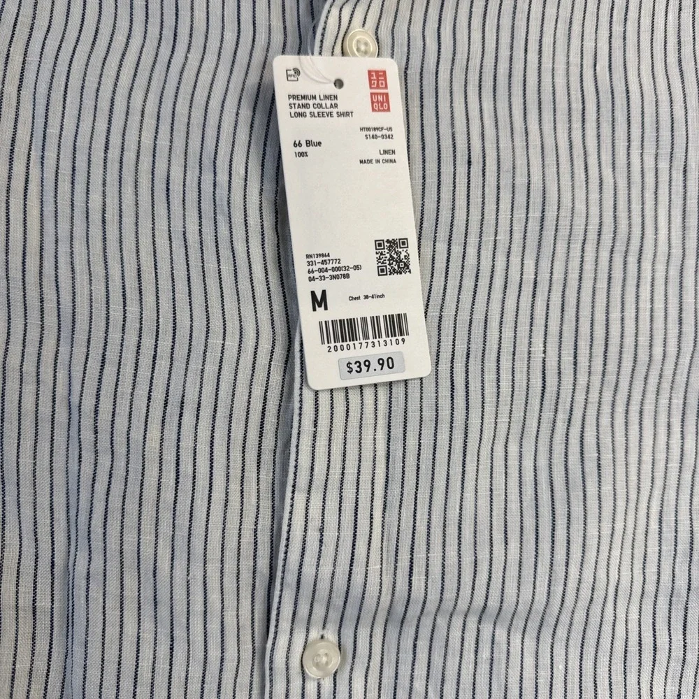 NWT Uniqlo premium linen standup collar shirt White Blue Stripes Medium Preppy - Picture 4 of 11